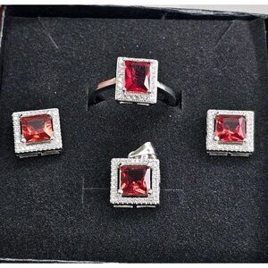 Ring Earrings And Pendant Jewlery Set Red Stone 925 Sterling Silver